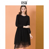 ⑩OSA欧莎2018秋装新款不规则镂空蕾丝拼接毛衣针织连衣裙裙子女