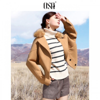 OSA欧莎2018冬装新款韩版宽松保暖毛领驼色毛呢外套短裤大衣女