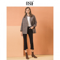 OSA欧莎2018冬装新款中长款宽松保暖毛呢外套复古格子大衣女