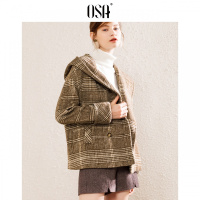 OSA欧莎2018冬装新款复古英伦风连帽短款格子宽松毛呢外套大衣女