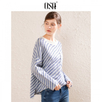OSA欧莎2018秋冬新款温柔风圆领撞色条纹不规则短款毛针织衫女