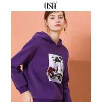 OSA⑩OSA欧莎2018冬装新款女装 时尚连帽印花长袖卫衣