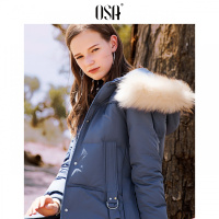 欧莎2018冬装韩版时尚修身显瘦毛领连帽中长款羽绒服外套大衣女