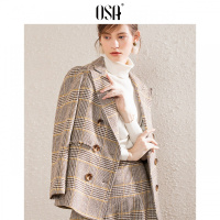 OSA欧莎2018冬新款复古英伦风西装领外套半身裙两件套时尚套装女