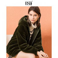 欧莎2018冬装东大小羊羔休闲显瘦毛领西装领连帽短款外套