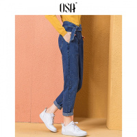 欧莎2018冬季修身九分小脚铅笔直筒裤高腰蓝牛仔裤裤子女