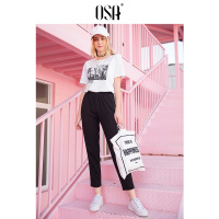 欧莎2019春季小个子洋气俏皮红休闲裤子时尚运动两件套套装女