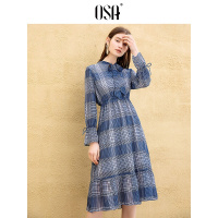 欧莎2019春装新款韩版时尚过膝很仙气质中长款格子雪纺连衣裙女