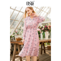 OSA欧莎2019春装新款甜美洋气仙女裙荷叶边亮丝雪纺碎花连衣裙