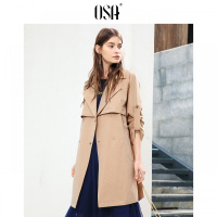 OSA欧莎2019春装新款女装 复古翻领双排扣系带显瘦驼色风衣