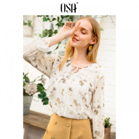 OSA欧莎2019春季新款很仙的上衣洋气时尚V领宽松碎花雪纺衫女