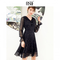 欧莎2019春装法式复古山本超仙V领荷叶边中长款碎花雪纺连衣裙