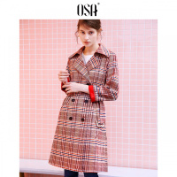 OSA欧莎2019春装韩版时尚休闲宽松过膝中长款格子风衣外套女