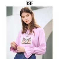 OSA欧莎2019春装新款韩版时尚cec印花圆领长袖宽松喇叭袖卫衣女