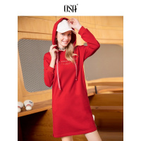 ④OSA欧莎2019春款韩国东大cec红色中长款印花连帽卫衣连衣裙女