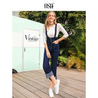 OSA2019春季新款韩版cec直筒工装宽松高腰九分背带老爹牛仔裤女