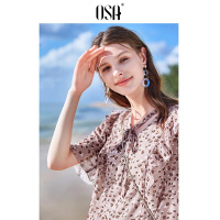 OSA欧莎2019夏装新款很仙的上衣洋气豹纹V领五分袖蕾丝雪纺衫