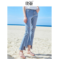 OSA欧莎2019早春新款显瘦cec高腰阔腿破洞九分喇叭牛仔裤裤子女