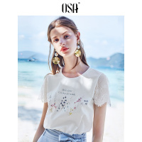 欧莎2019夏季新款韩版拼接蕾丝百搭宽松圆领短袖印花白色T恤女