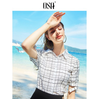 OSA欧莎2019春装夏季韩版设计感小众洋气格子五分袖白色衬衫女