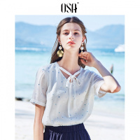 欧莎2019夏季新款很仙的上衣洋气小衫时尚打底衫亮片V领雪纺衫女