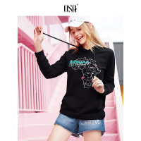 OSA欧莎2019春款韩国东大cec中长款印花连帽卫衣女