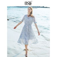OSA欧莎2019夏季超仙甜美中长款收腰碎花v领雪纺连衣裙女