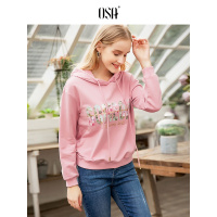 OSA欧莎2019春款韩国东大cec粉色休闲中长款印花连帽卫衣女