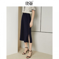 欧莎2019夏装新款直筒七分松紧腰休闲裤垂感宽松开叉阔腿裤女