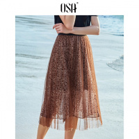 OSA欧莎2019夏装新款女装 优雅飘逸亮丝纱时尚豹纹A字半身裙