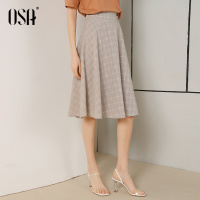 OSA欧莎复古风间色格纹高腰半身裙女过膝A字裙2019夏新款职业裙子