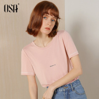欧莎2019粉色莫代尔红字母印花女短袖T恤宽松百搭学生ins潮上衣