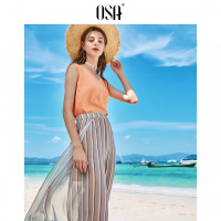 夏季新款女装欧莎2019波西米亚雪纺阔腿裤彩色条纹宽松休闲九分裤