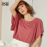OSA夏装短袖T恤女2019新款时尚港风潮牌荷叶袖宽松圆领打底衫上衣