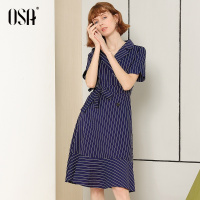 OSA欧莎法式复古桔梗裙V领鱼尾连衣裙女2019夏季新款职业短袖裙子