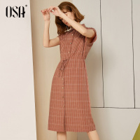 欧莎2019夏装新款OL气质复古系带格子长裙中长款衬衫式连衣裙女