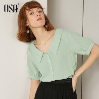 osa绿色衬衫女2019春夏仿棉麻宽松薄上衣韩版OL设计感小众衬衣女