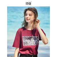 欧莎2019夏装新款韩版ins潮百搭宽松圆领短袖字母印花豹纹T恤女