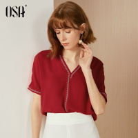 osa夏季2019新款红色小衫洋气显瘦V领简约短袖上衣很仙的雪纺衫女