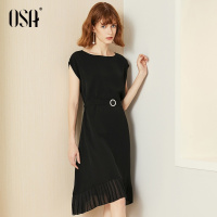OSA欧莎黑色连衣裙女2019新款夏收腰长款气质显瘦过膝智熏裙复古