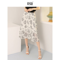 OSA欧莎雪纺百褶裙中长款A字半身裙女夏2019新款超仙印花森系裙子