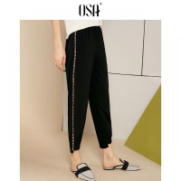 OSA欧莎2019夏装新款女装 时髦豹纹拼接不规则裤脚九分休闲裤