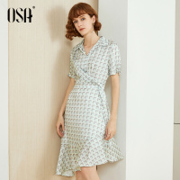 OSA欧莎衬衫连衣裙2019新款夏薄收腰显瘦印花鱼尾裙女不规则裙子