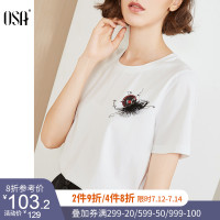 OSA欧莎白色短袖T恤女2019新款夏宽松印花上衣洋气情侣装ins超火