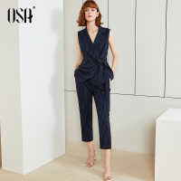 OSA欧莎条纹职业套装女2019新款夏两件套洋气减龄裤装时尚女神范