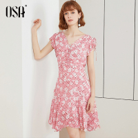 OSA欧莎2019新款夏碎花雪纺连衣裙女收腰显瘦v领印花裙子小清新