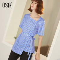 OSA欧莎2019新款夏竖条纹衬衫女蓝色短袖衬衣设计感锁骨上衣心机
