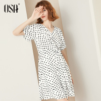 OSA欧莎连衣裙2019夏装新款夏女豹纹波点印花裙子收腰气质a字裙
