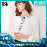 欧莎白色雪纺衬衫2019新款秋宽松长袖上衣女娃娃领洋气小衫气质