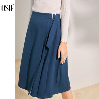 OSA欧莎蓝色半身裙女2019新款秋中长款百褶裙不规则裙子显瘦